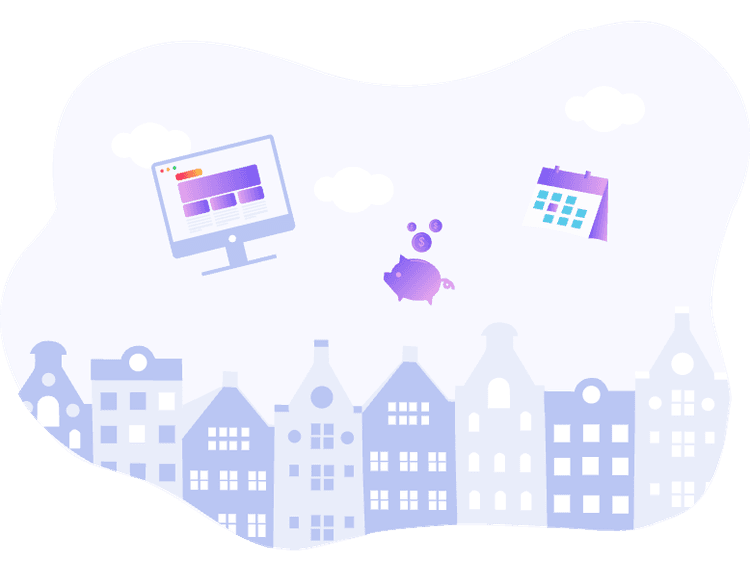 Illustration of laptop, piggybank, and a calendar